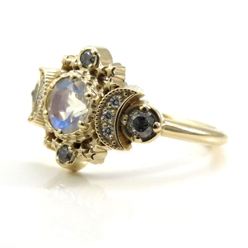 Rainbow Moonstone and Galaxy Diamond Cosmos Moon and Star Engagement Ring - Celestial Boho Commitment Ring