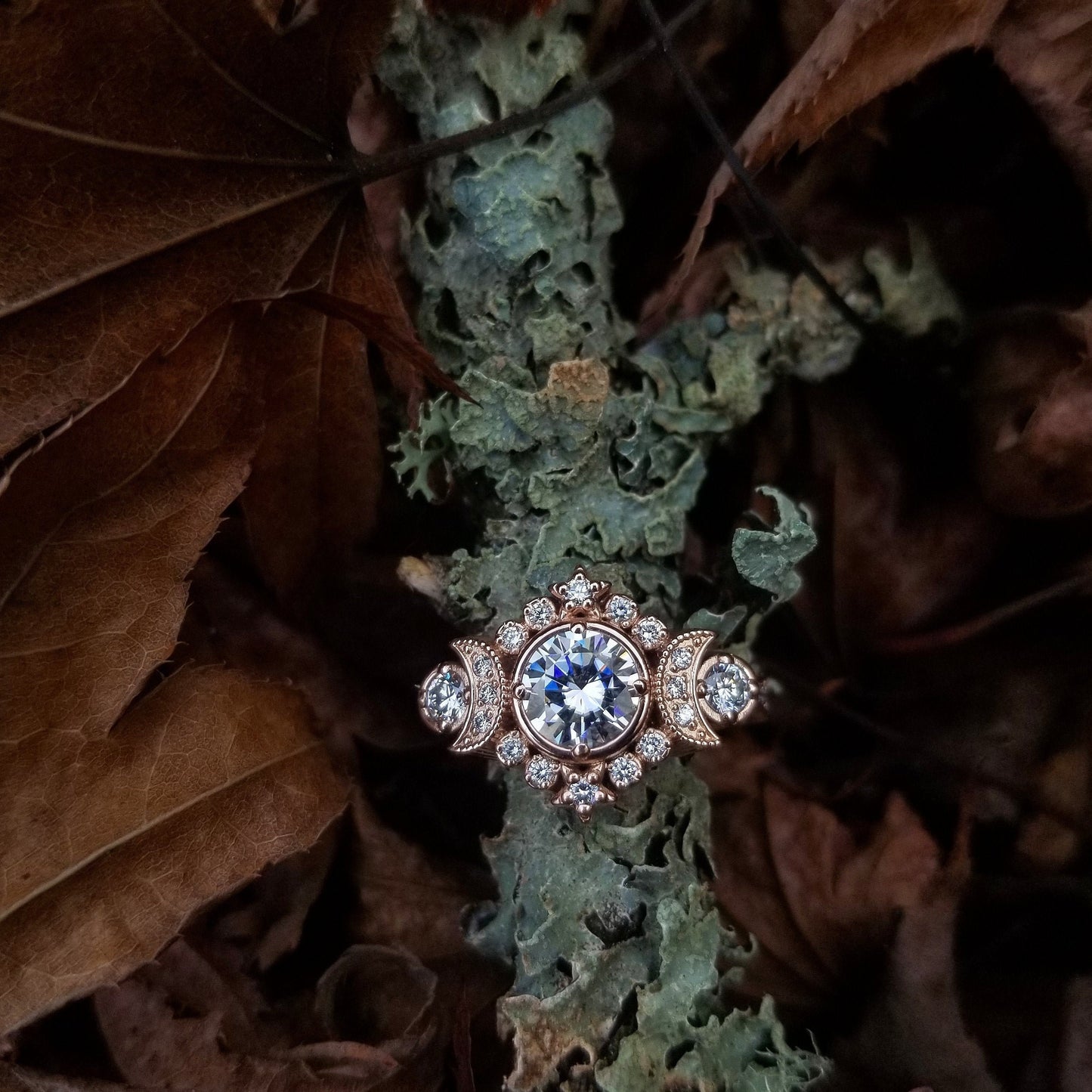 Selene Triple Moon Goddess Engagement Ring - Moissanite or Galaxy Diamond Lunar Boho Wedding Ring -14k Rose Gold