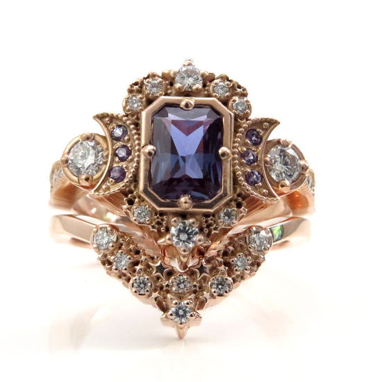 Chatham Alexandrite Radiant Emerald Cut Selene Celestial Engagement Ring Set - Diamonds & Crescent Moons - 14k Rose Gold