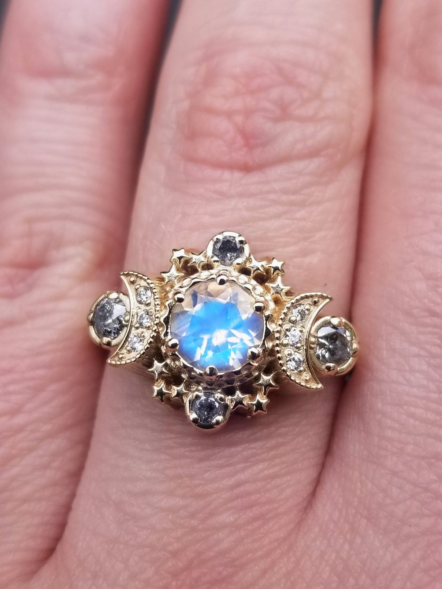 Load image into Gallery viewer, Ready to Ship Size 6 - 8 - Rainbow Moonstone and Galaxy Diamond Cosmos Moon &amp;amp; Star Engagement Ring - Boho Commitment Ring - 14k Yellow Gold
