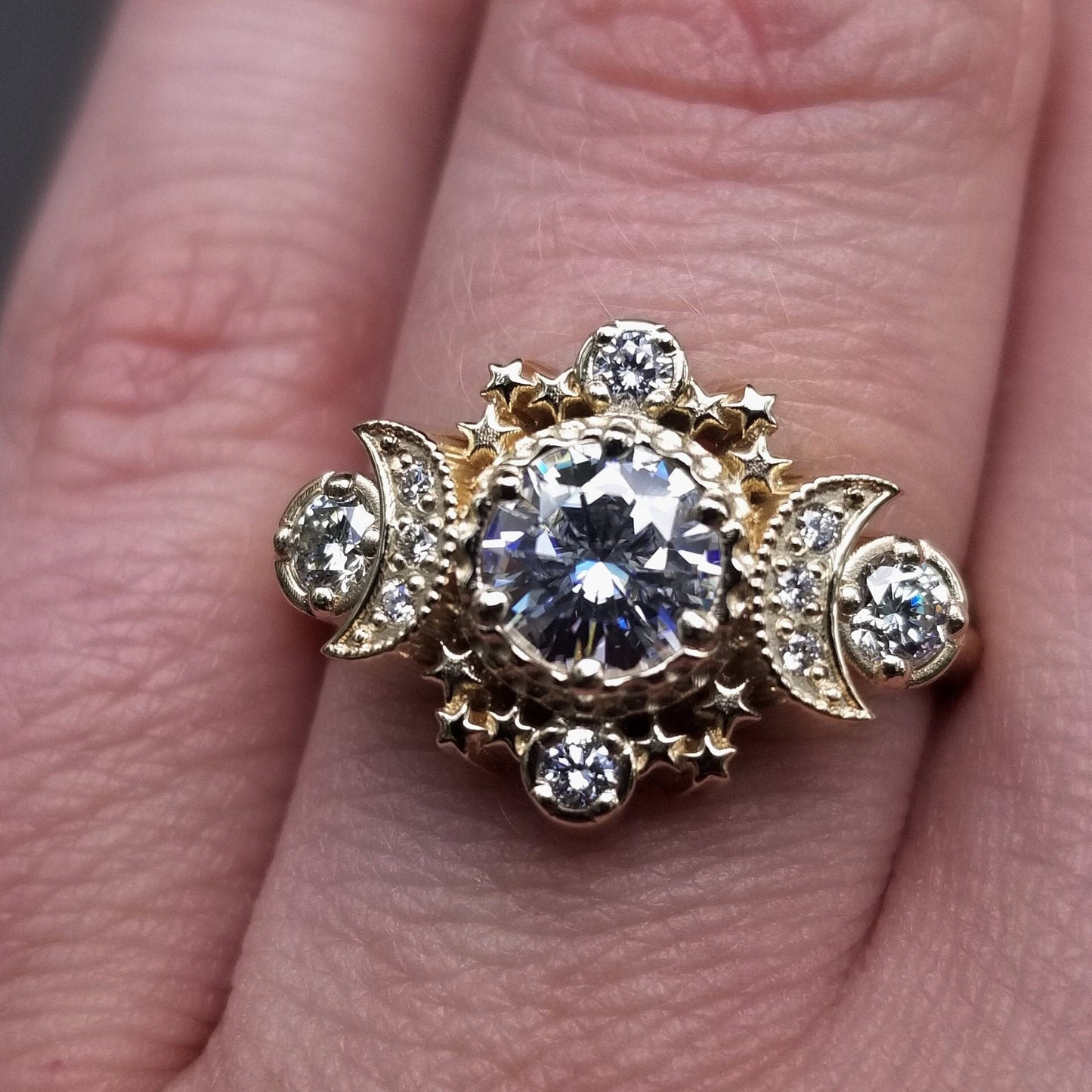 Cosmos Diamond Moon Ring Celestial Engagement - Moissanite or Diamonds Wedding Ring - Pick your Center Stone - Handcrafted Fine Jewelry
