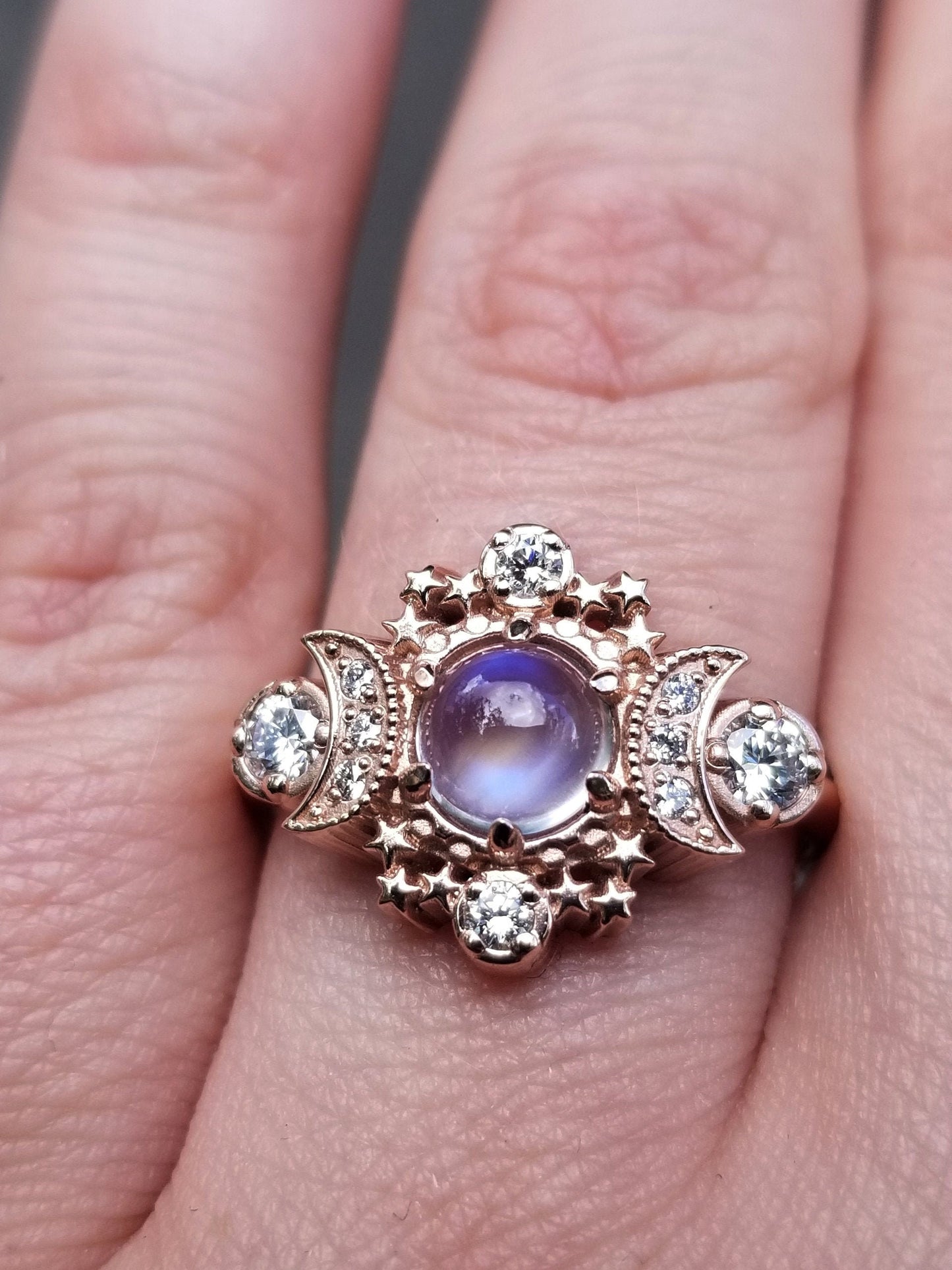 Cosmos Moonstone and Diamond Celestial Engagement Ring - Lunar Boho Rose Gold Moon Ring