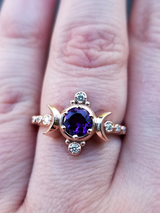 Amethyst Compass Moon Engagement Ring with Diamonds - 14k Rose Gold