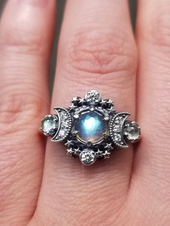 Load image into Gallery viewer, Rose Cut Labradorite Cosmos Moon and Star Ring - Sterling Silver with White Diamonds - Boho Celestial Engagement
