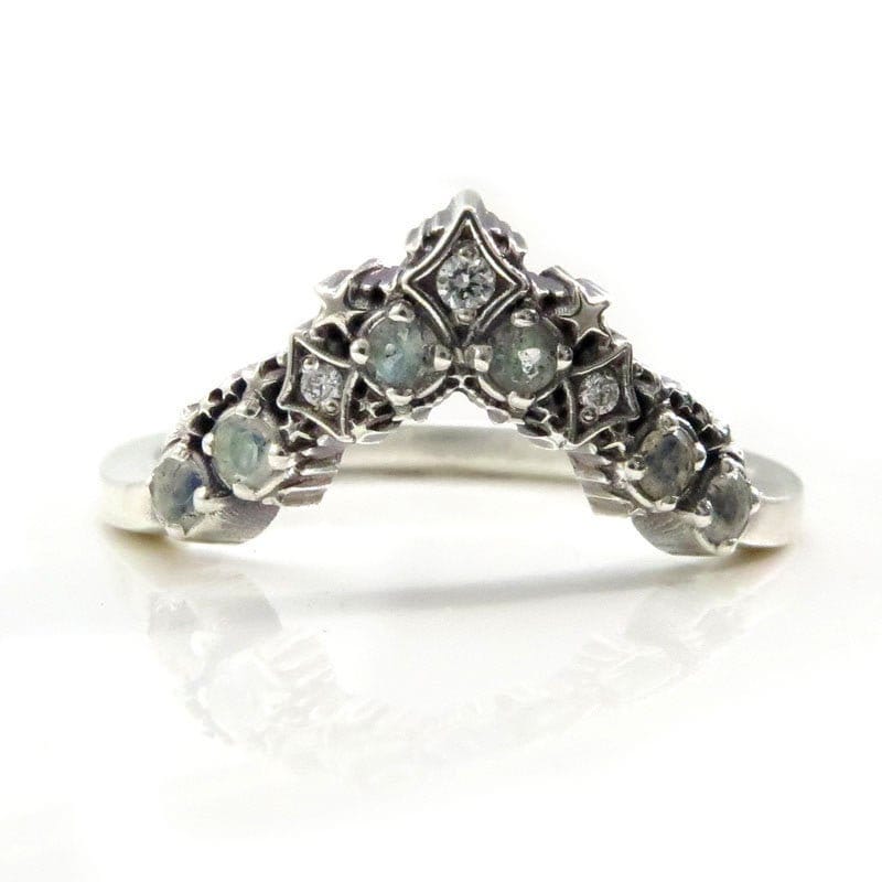 Silver Stardust Chevron Wedding Band - Lunar Stacking Ring - Labradorite and Black or White Diamonds