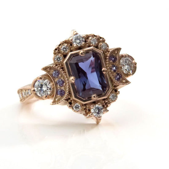 Radiant Emerald Cut Alexandrite Selene Crescent Moon Engagement Ring - Diamonds and Chatham Alexandrite - 14k Rose Gold