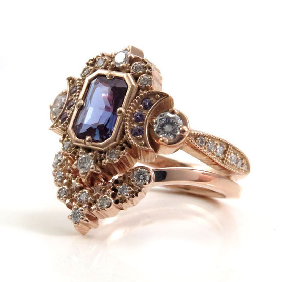 Chatham Alexandrite Radiant Emerald Cut Selene Celestial Engagement Ring Set - Diamonds & Crescent Moons - 14k Rose Gold