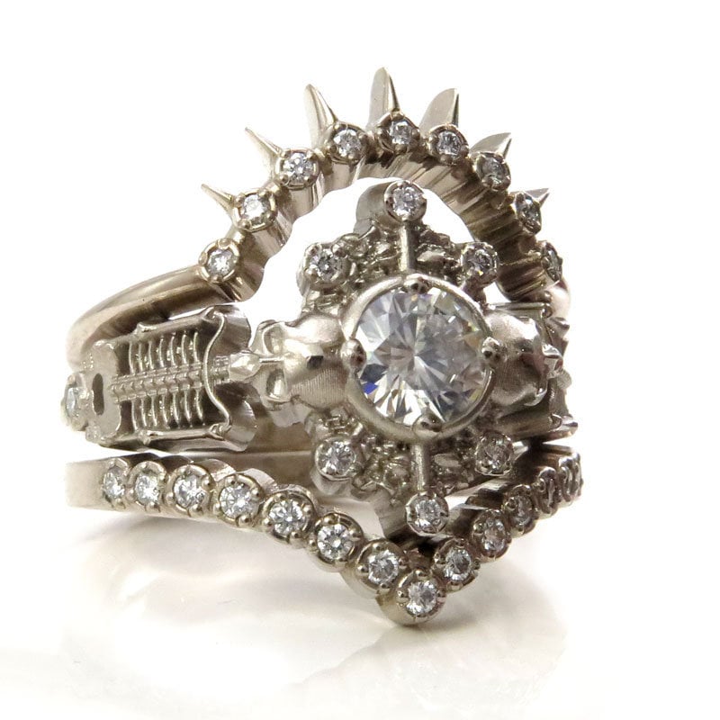 Skeleton Catacomb Engagement Ring Set with Moissanite & Diamond  Pebble Halo - 14k Palladium White Gold - Gothic Wedding Rings