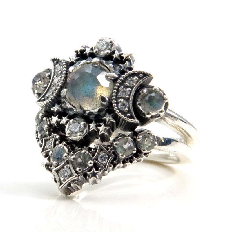 Rose Cut Labradorite Cosmos Moon and Star Ring - Sterling Silver with White Diamonds - Boho Celestial Engagement