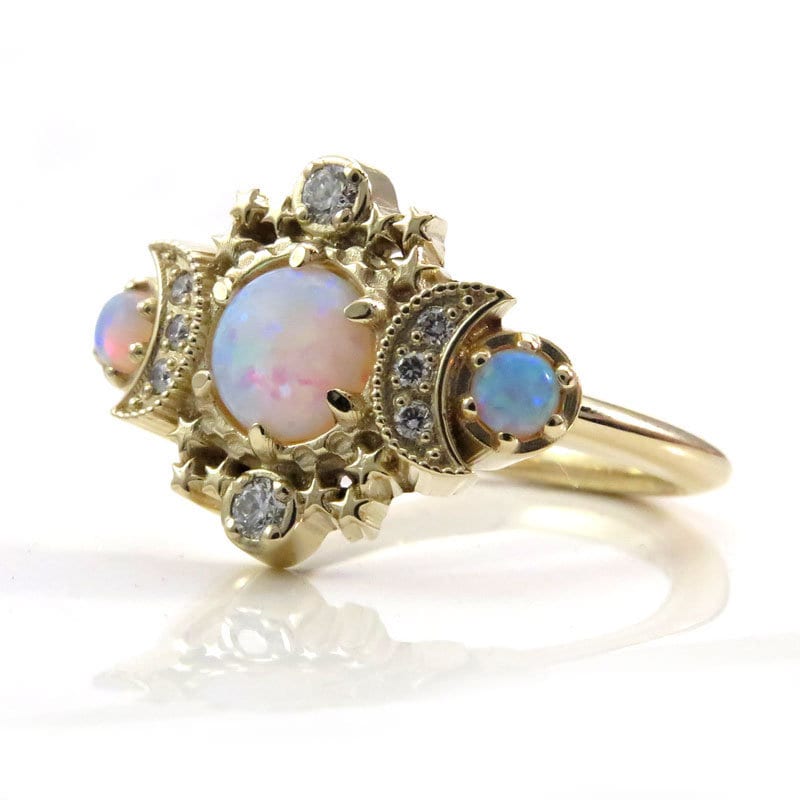 Load image into Gallery viewer, Lab Opal Cosmos Moon Engagement Ring - Rose Gold Celestial 3 Stone Diamond Ring
