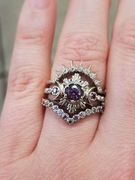 Load image into Gallery viewer, Moonfire Chatham Alexandrite and White Diamond Triple Moon Engagement Ring Set - 14k White, Yellow or Rose Gold
