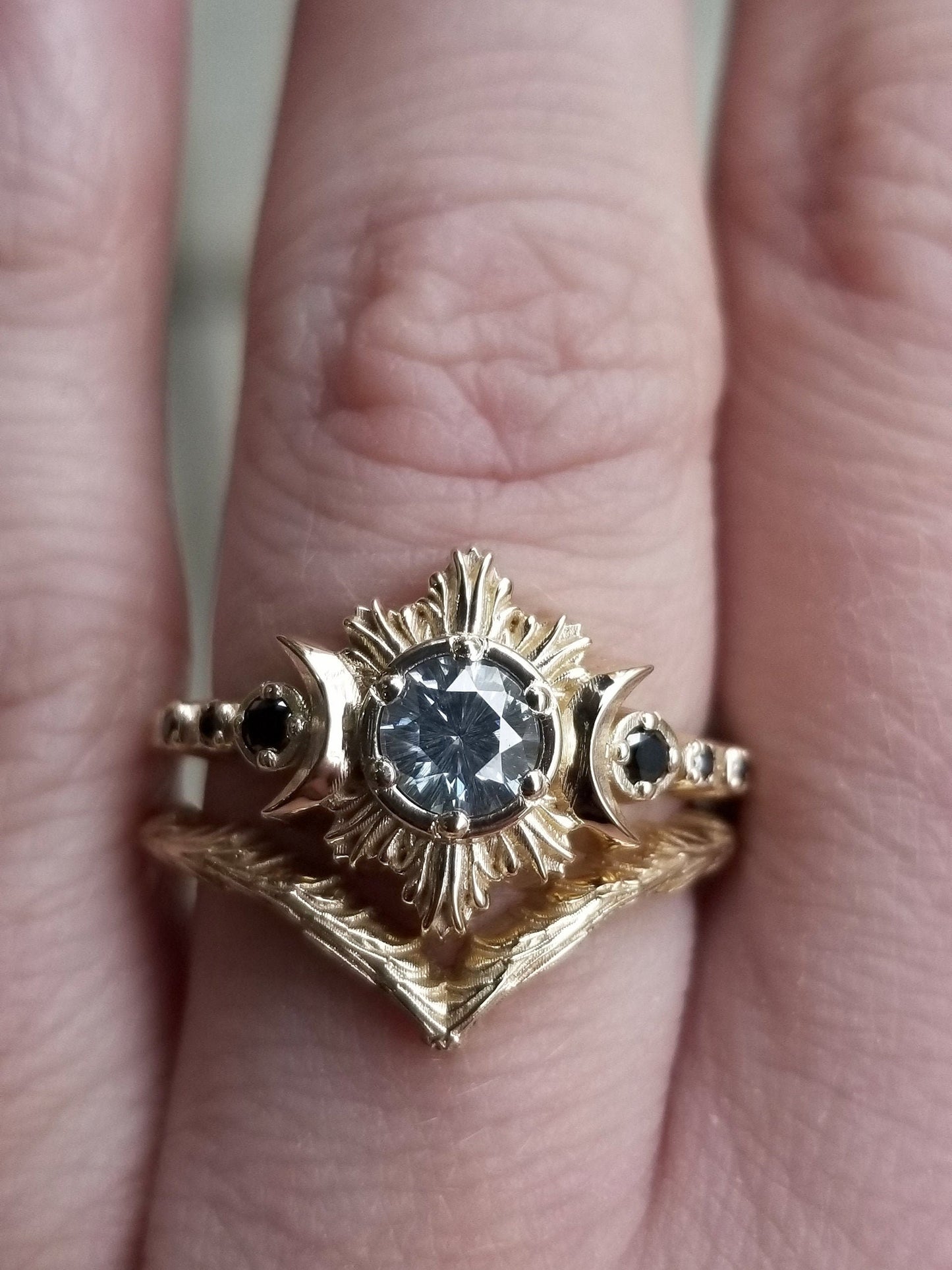 Ready to Ship Size 6 - 8 - Gray Claire De Lune Moissanite Moonfire Engagement Ring with Forest and Mossy Knoll Chevrons - 14k Yellow Gold