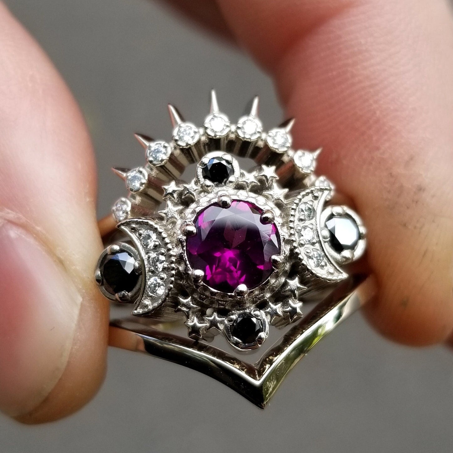 Load image into Gallery viewer, Cosmos Moon and Stars Engagement Ring 3 Ring Set with Rhodolite Garnet &amp;amp; Diamonds - Gothic Gold Wedding Set
