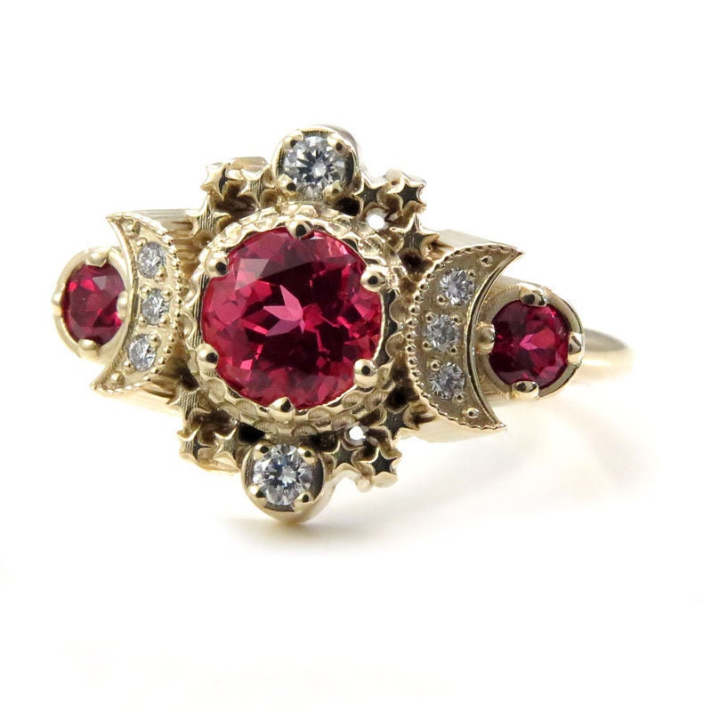 Chatham Padparadscha Sapphire Cosmos Engagement Ring - 14k Yellow Gold and Diamonds - Moon Fine Jewelry