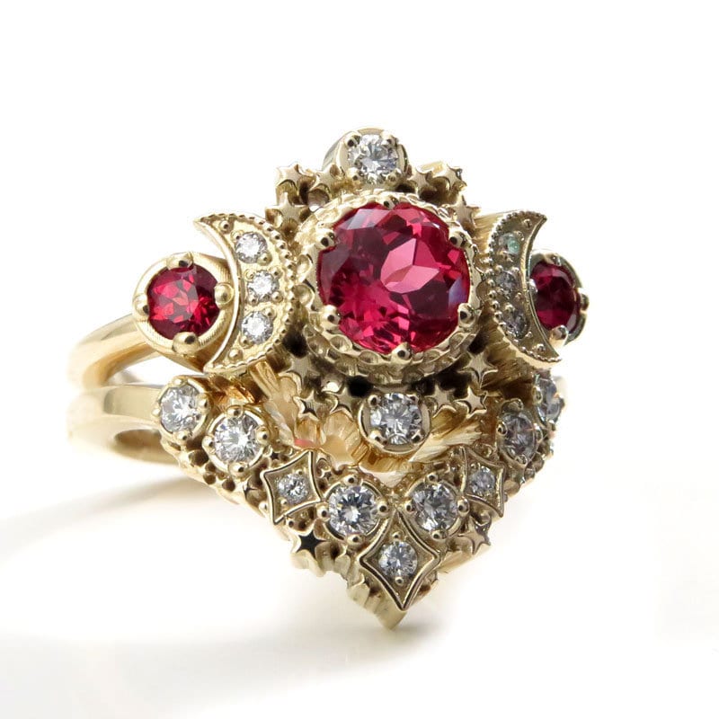 Chatham Padparadscha Sapphire Cosmos Moon Engagement Ring Set - Modern Bohemian Wedding Rings