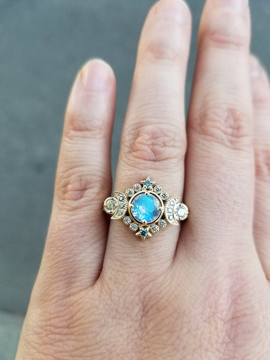 Load image into Gallery viewer, Selene Moon Goddess Ring - Moonstone with Blue and White Diamonds - 14k Yellow Gold
