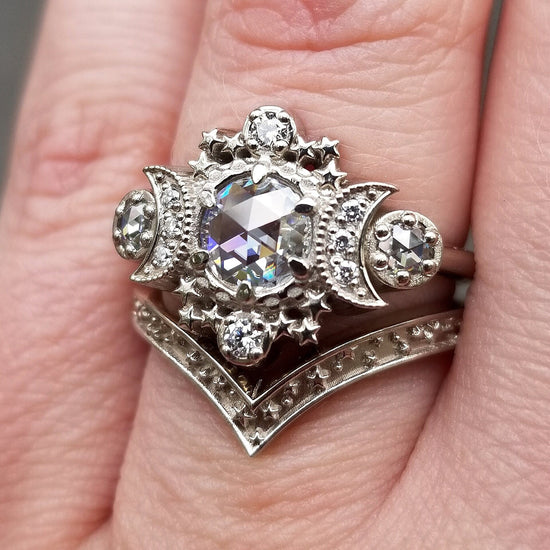 ALL Moissanite Cosmos Engagement Ring Set- Diamond Alternative - Ethically Sourced Celestial Moon Ring and Stardust Chevron