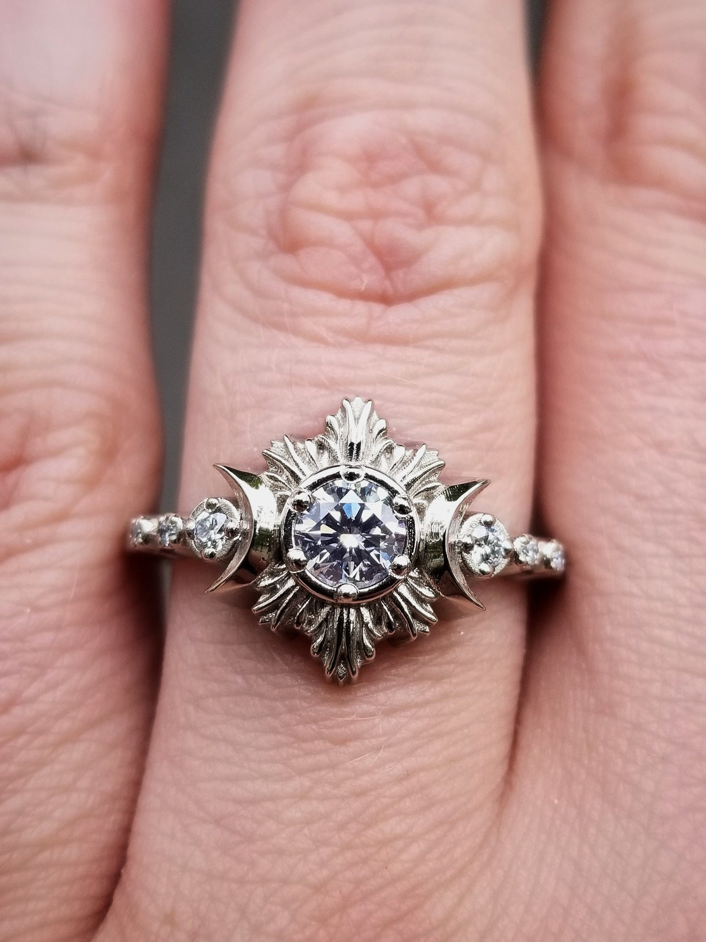Burning Star and Crescent Moon Engagement Ring - Forever One Moissanite and Diamond Pyre Moon Ring - 14k White, Yellow or Rose Gold