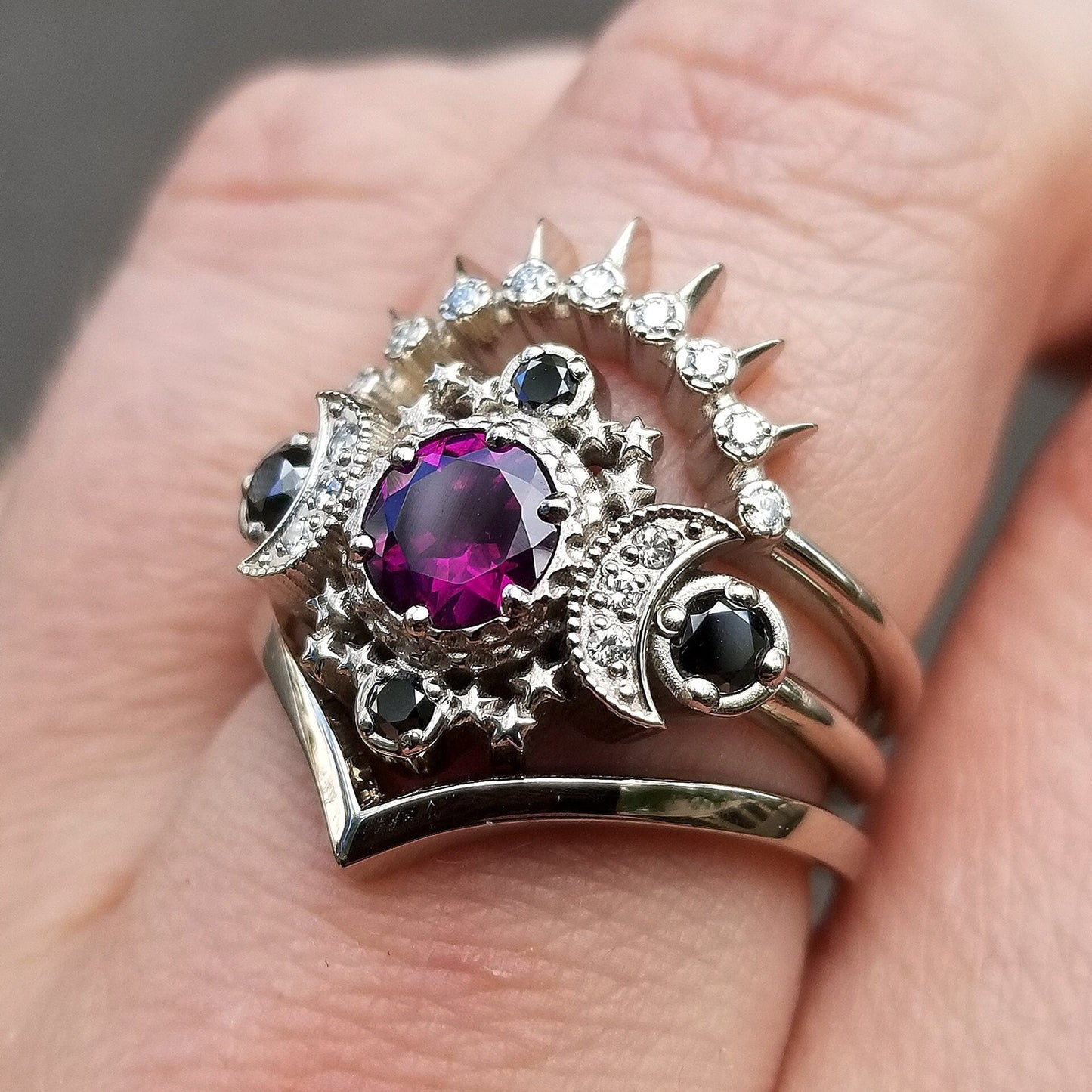 Load image into Gallery viewer, Cosmos Moon and Stars Engagement Ring 3 Ring Set with Rhodolite Garnet &amp;amp; Diamonds - Gothic Gold Wedding Set
