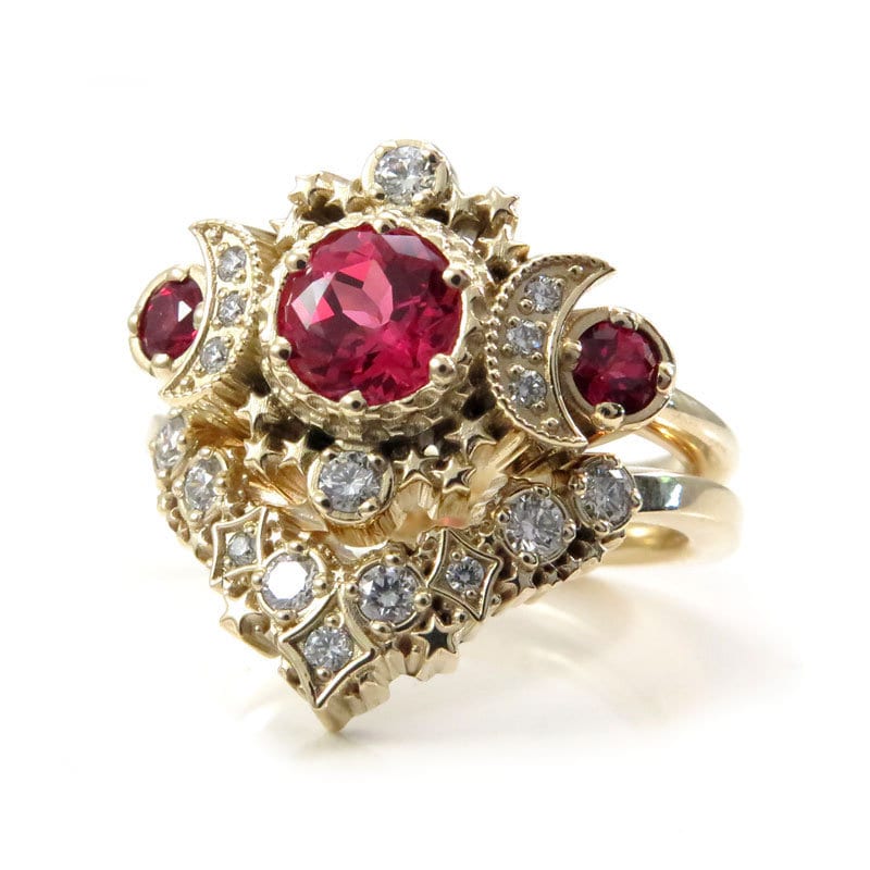 Chatham Padparadscha Sapphire Cosmos Moon Engagement Ring Set - Modern Bohemian Wedding Rings