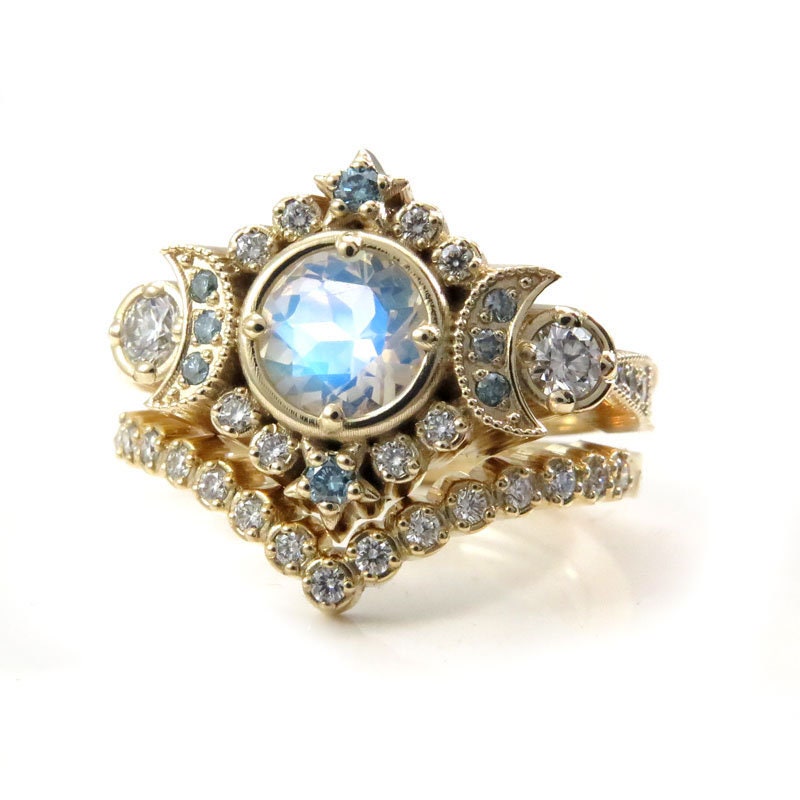 Selene Moon Goddess Ring Set - Moonstone with Blue and White Diamonds - 14k Yellow Gold Pave Diamond Chevron
