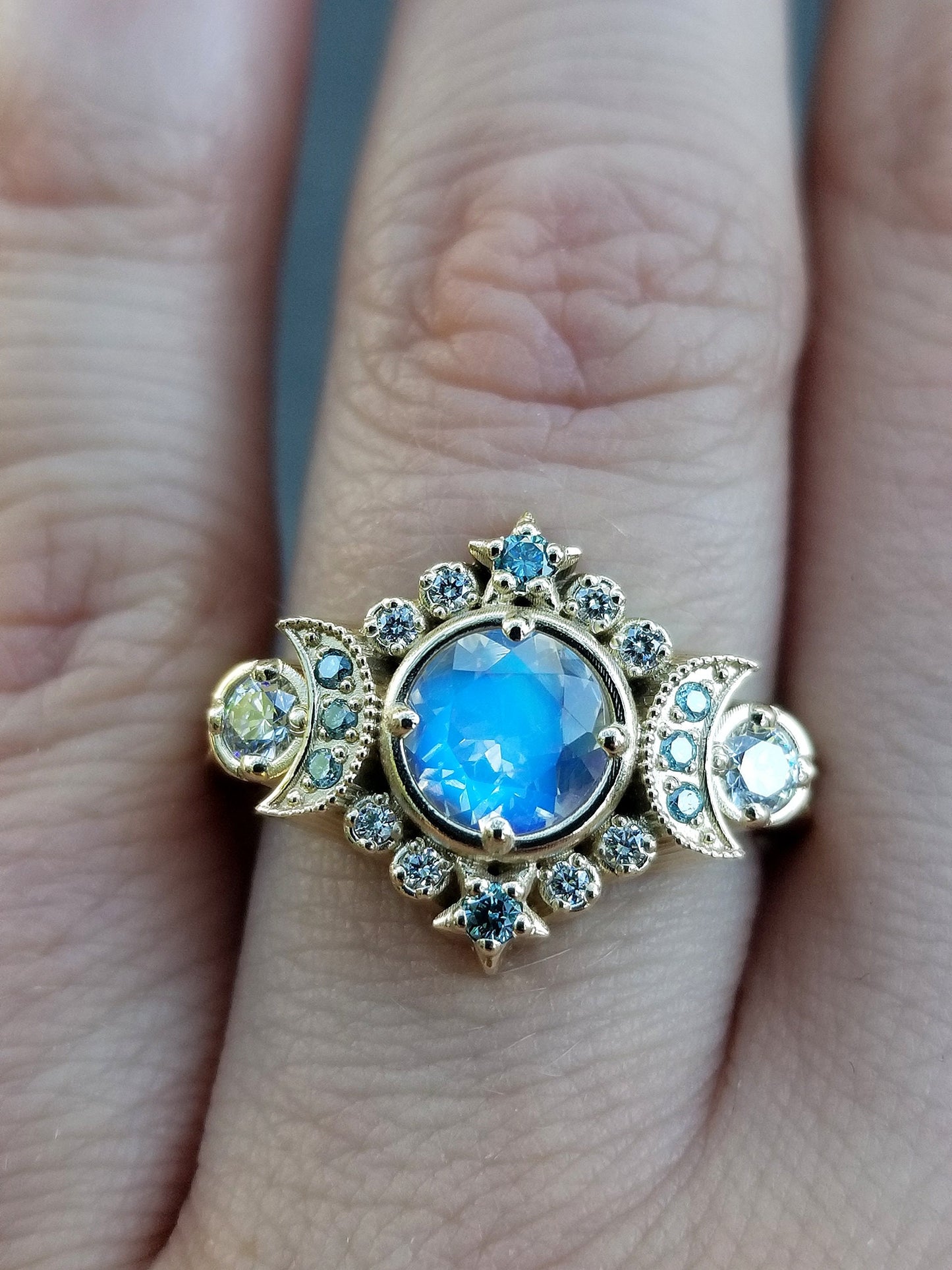 Selene Moon Goddess Ring - Moonstone with Blue and White Diamonds - 14k Yellow Gold