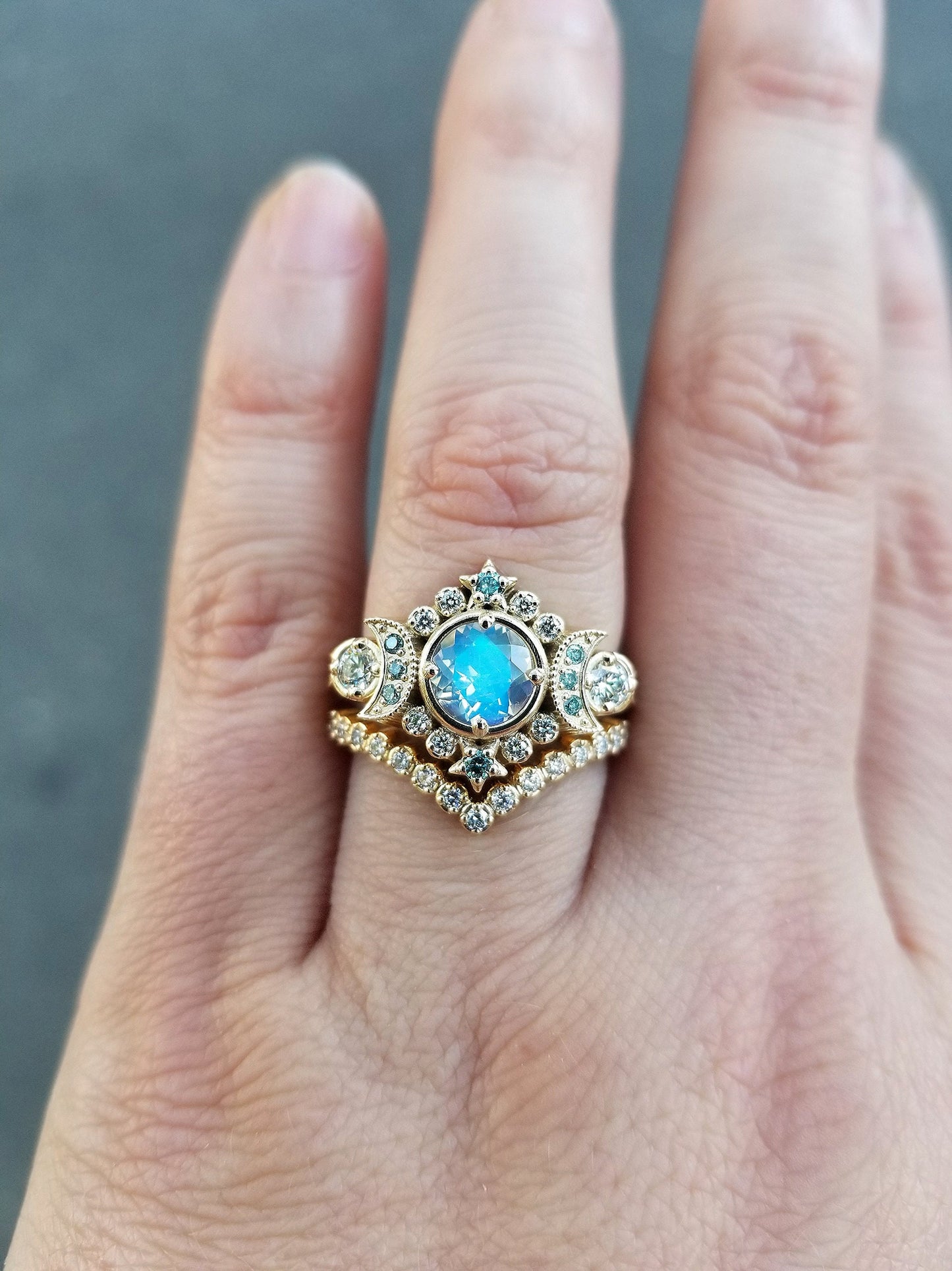 Selene Moon Goddess Ring Set - Moonstone with Blue and White Diamonds - 14k Yellow Gold Pave Diamond Chevron