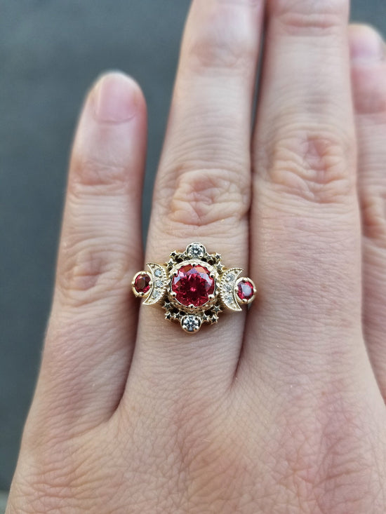 Chatham Padparadscha Sapphire Cosmos Engagement Ring - 14k Yellow Gold and Diamonds - Moon Fine Jewelry