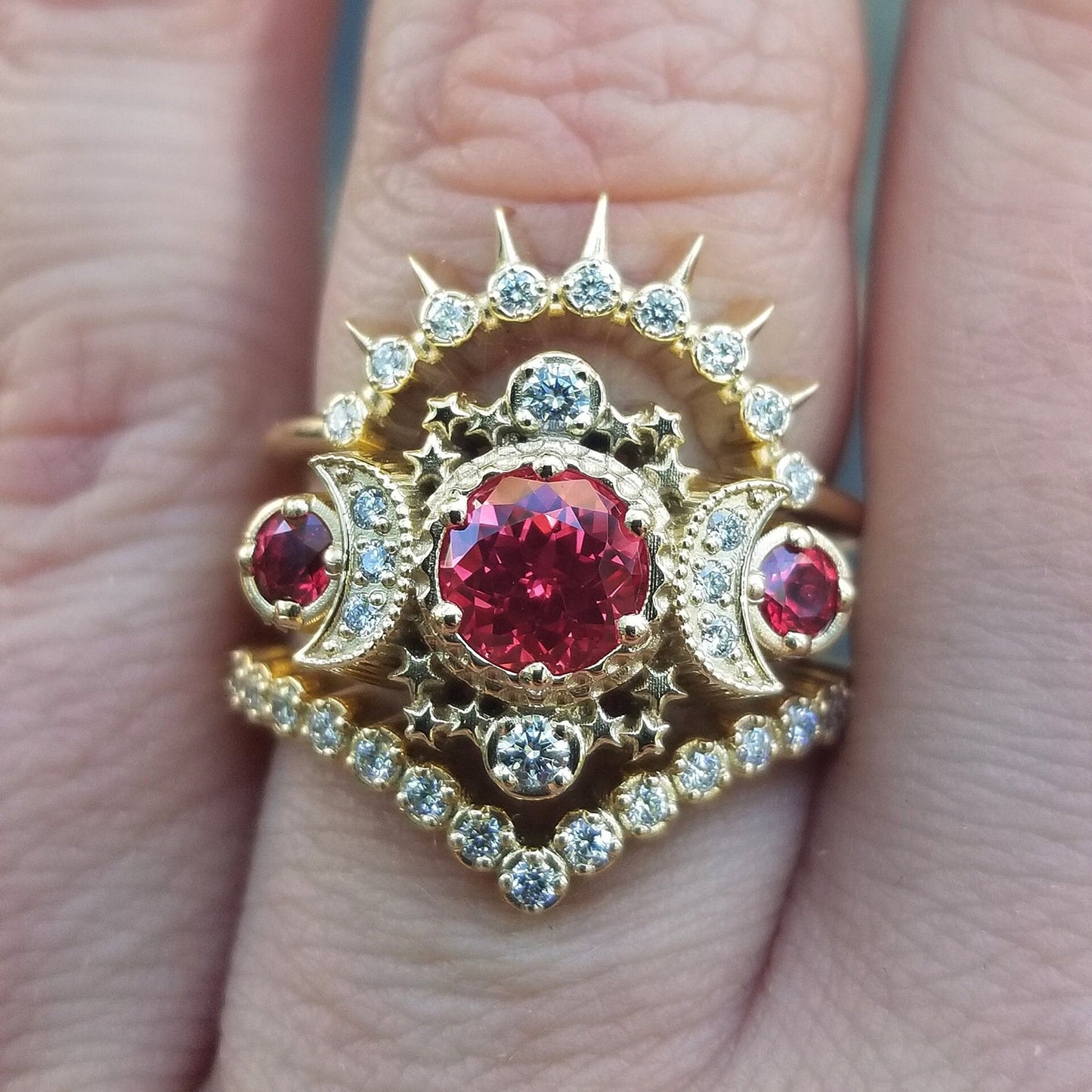 Chatham Padparadscha Sapphire Cosmos Yellow Gold Moon Engagement Ring Set - Celestial Wedding Rings