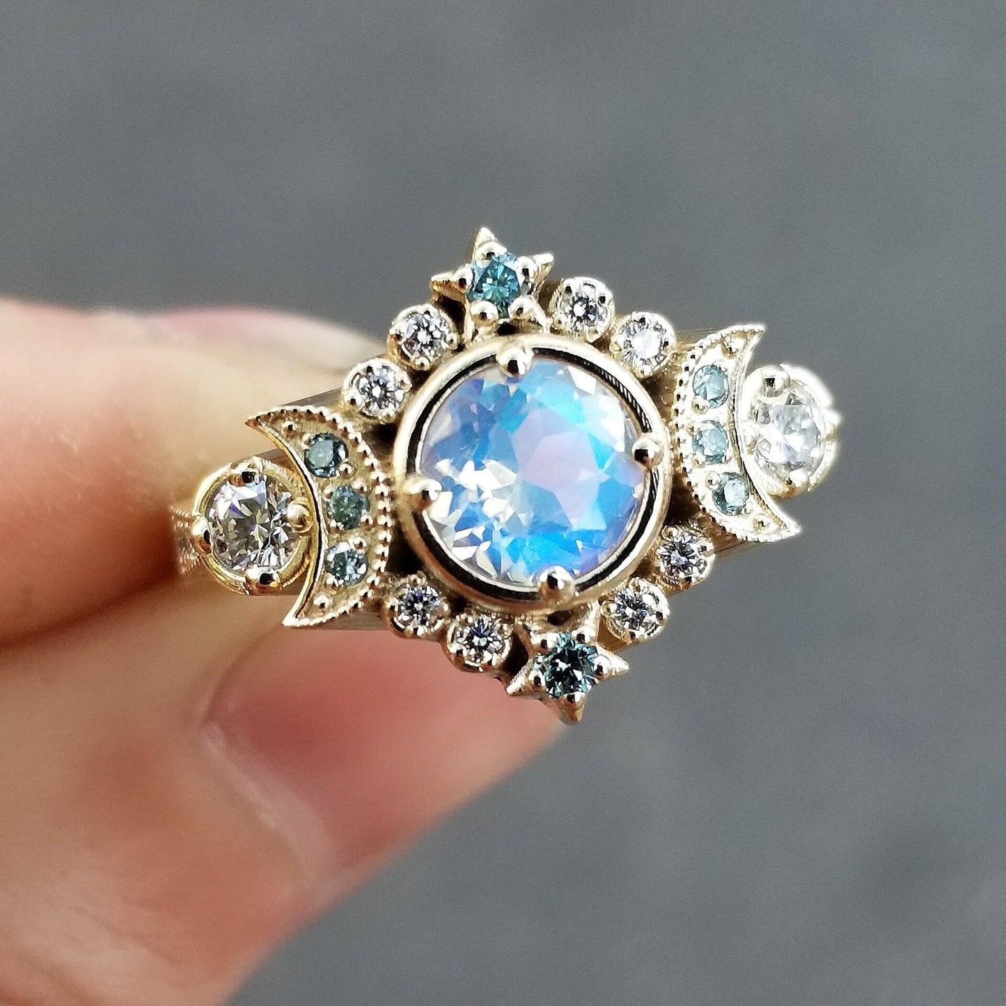 Load image into Gallery viewer, Selene Moon Goddess Ring - Moonstone with Blue and White Diamonds - 14k Yellow Gold
