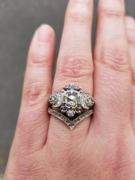 ALL Moissanite Cosmos Engagement Ring Set- Diamond Alternative - Ethically Sourced Celestial Moon Ring and Stardust Chevron