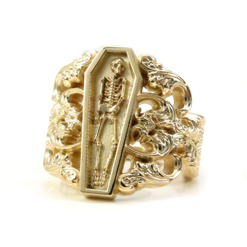 Ready to Ship Size 6 - 8 - Memento Mori Ring with Baroque Gold Scrolls Skeleton Mourning Jewelry - Fine Gothic Jewelry