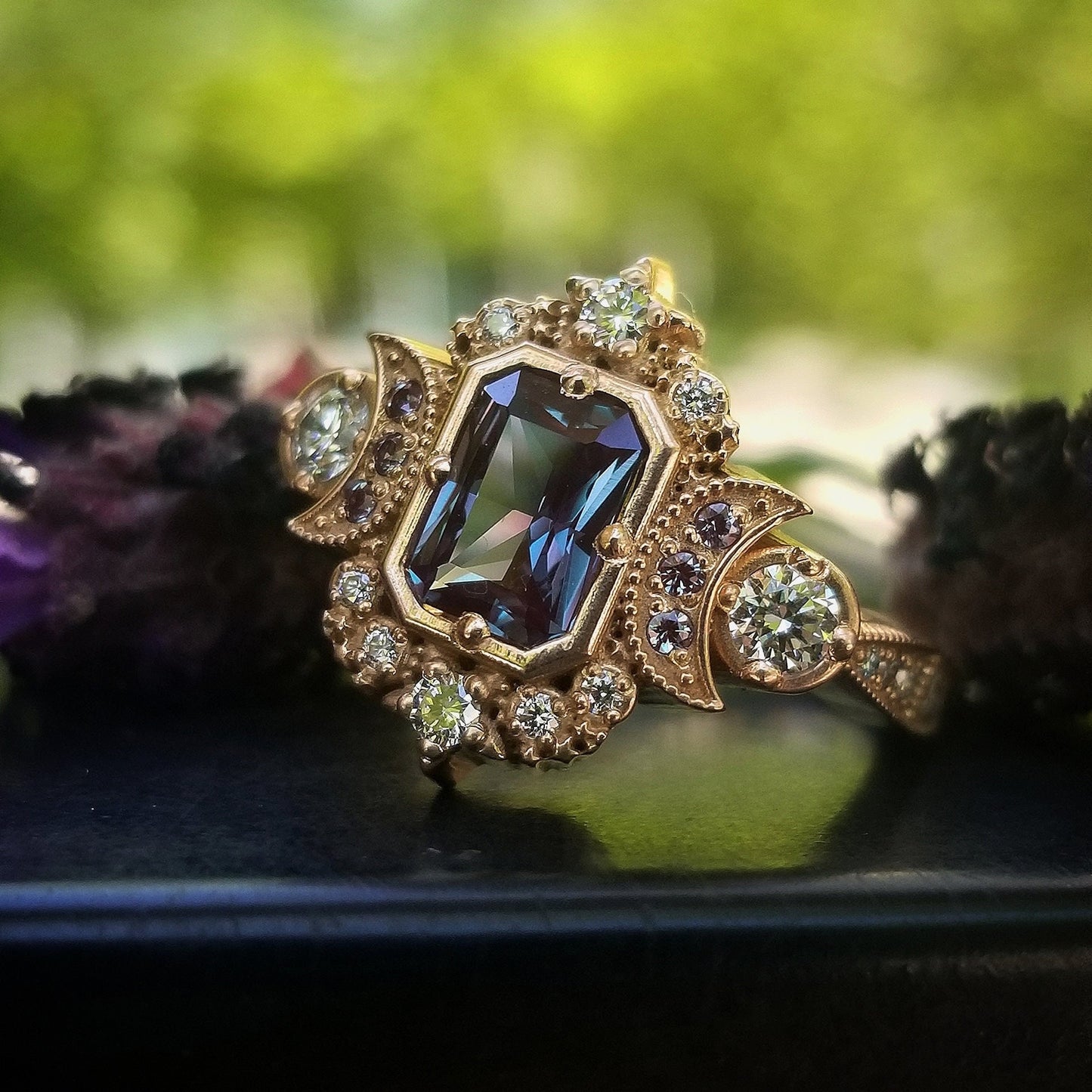 Radiant Emerald Cut Alexandrite Selene Crescent Moon Engagement Ring - Diamonds and Chatham Alexandrite - 14k Rose Gold