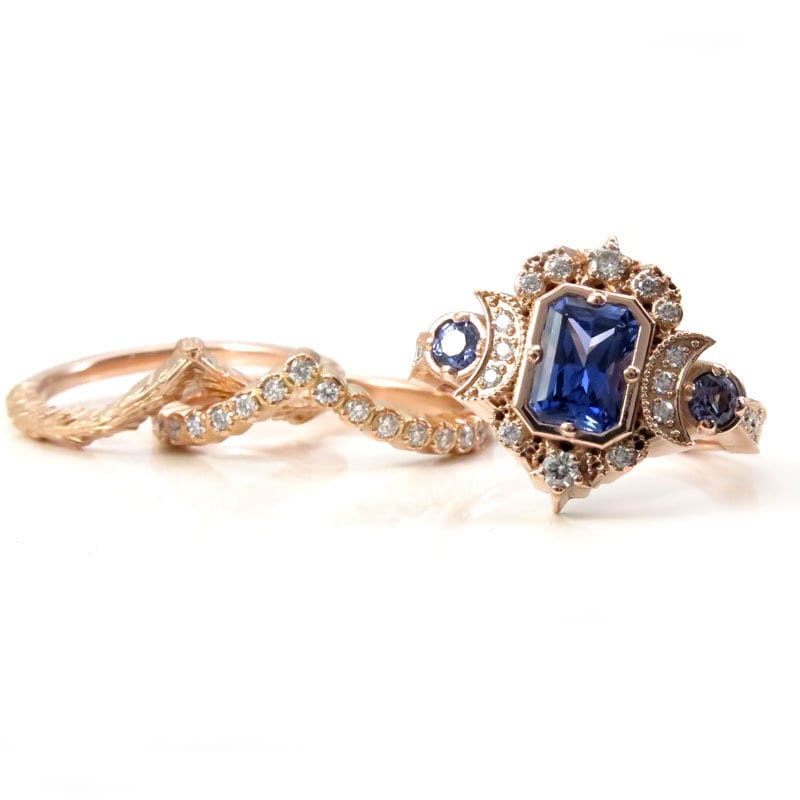 Emerald Cut Chatham Sapphire Selene Crescent Moon Engagement Ring Set - Diamonds and Blue Chatham Sapphires - 14k Rose Gold
