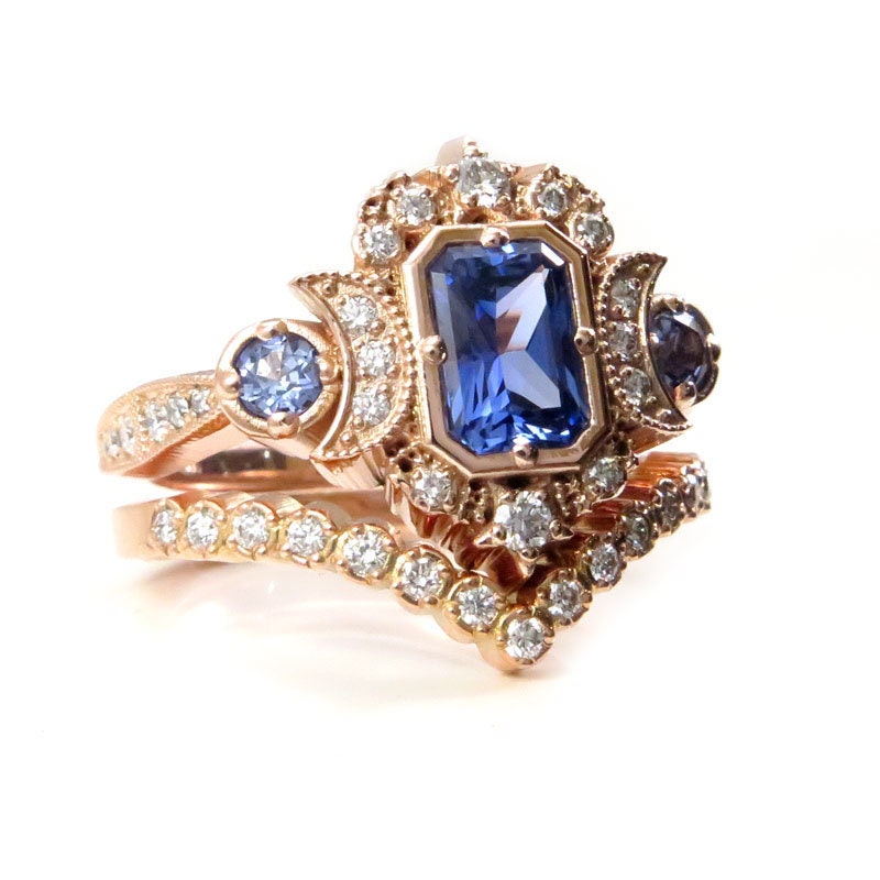Chatham Sapphire Selene Celestial Engagement Ring Set - Diamonds and Emerald Cut Blue Chatham Sapphires - 14k Rose Gold