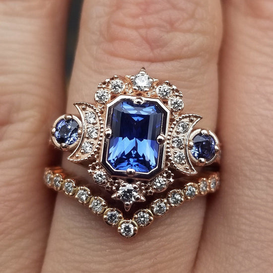 Load image into Gallery viewer, Chatham Sapphire Selene Celestial Engagement Ring Set - Diamonds and Emerald Cut Blue Chatham Sapphires - 14k Rose Gold
