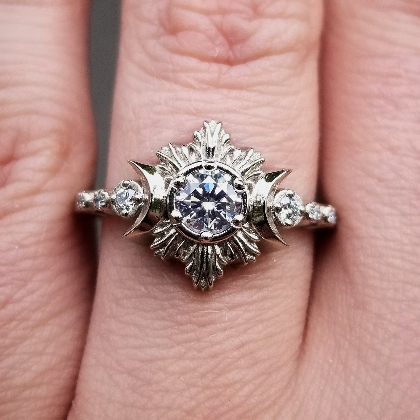 Diamond Moon Fire Boho Engagement Ring - 14k Rose Gold Moon Phase Wedding Ring
