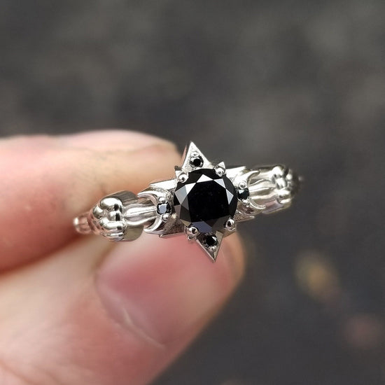 Celestial Black Diamond Engagement Ring - Moon, Star and Clouds - 14k Palladium White Gold Gothic Fine Jewelry