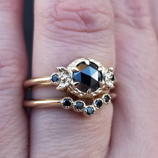Load image into Gallery viewer, Black Diamond and Black Spinel Moon Engagement  - Victorian Gothic Palladium White Gold Ring Set
