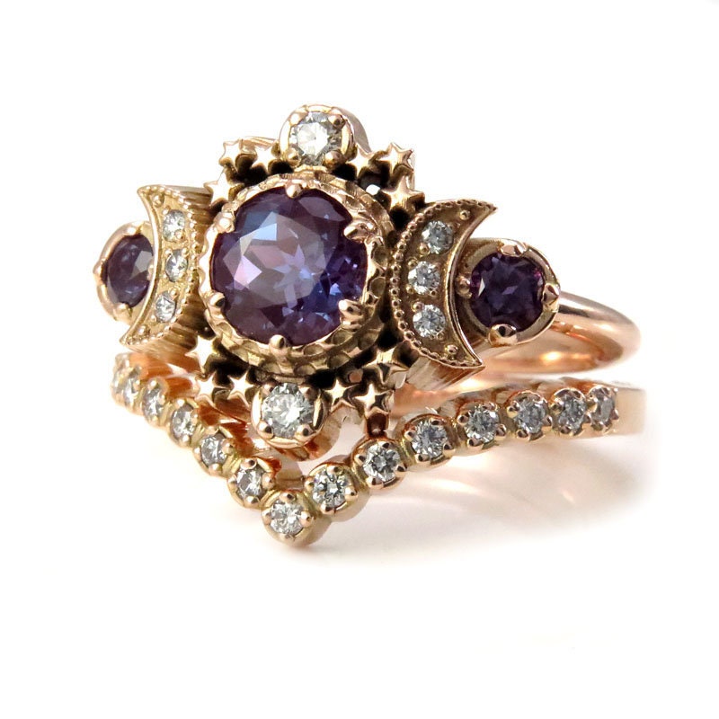 Wedding Ring Set - Chatham Alexandrite Cosmos Gold Moon Engagement Ring Set - Moon & Star Celestial Wedding Rings