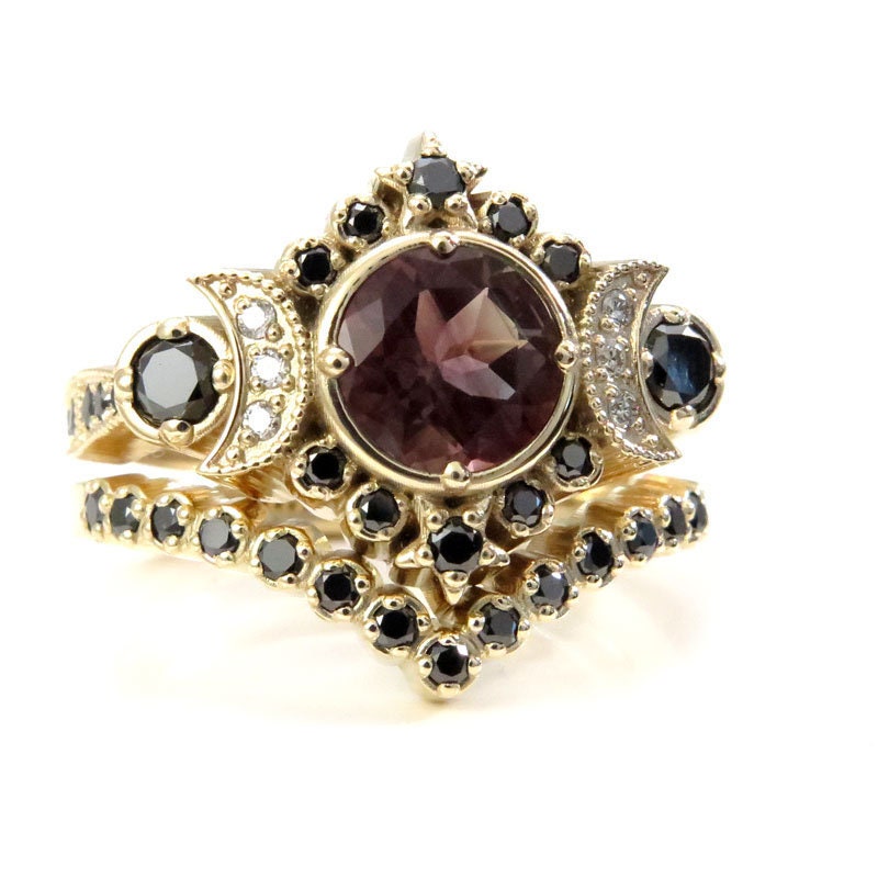 Load image into Gallery viewer, Ready to Ship Size 6 - 8  Gothic Selene Moon Engagement Ring Set - Oregon Sunstone with Black and White Diamonds - 14k Yellow Gold
