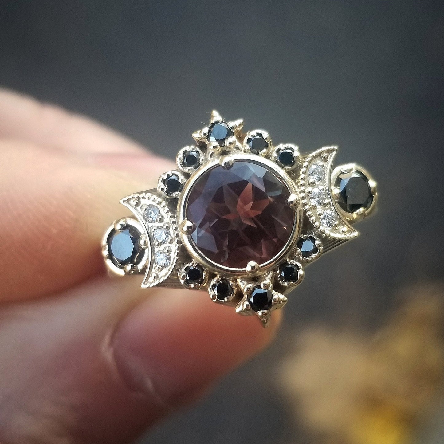 Load image into Gallery viewer, Ready to Ship Size 6 - 8  Gothic Selene Moon Engagement Ring Set - Oregon Sunstone with Black and White Diamonds - 14k Yellow Gold
