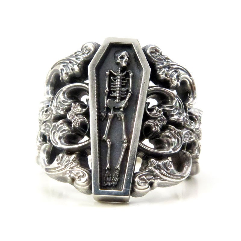 Memento Mori Ring with Baroque Silver Scrolls Skeleton Mourning Jewelry - Spooky Halloween Jewelry