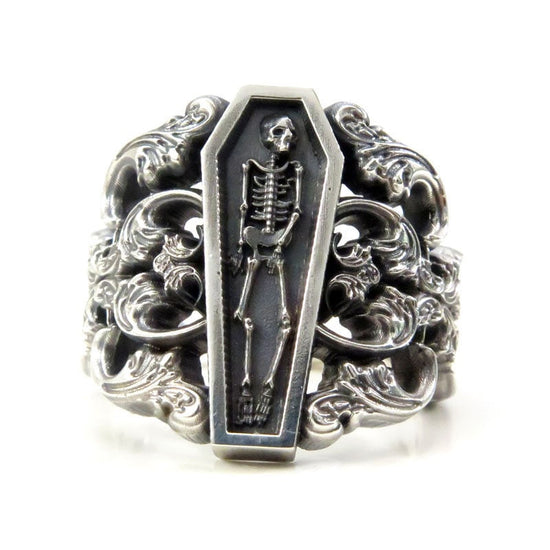 Load image into Gallery viewer, Memento Mori Ring with Baroque Silver Scrolls Skeleton Mourning Jewelry - Spooky Halloween Jewelry
