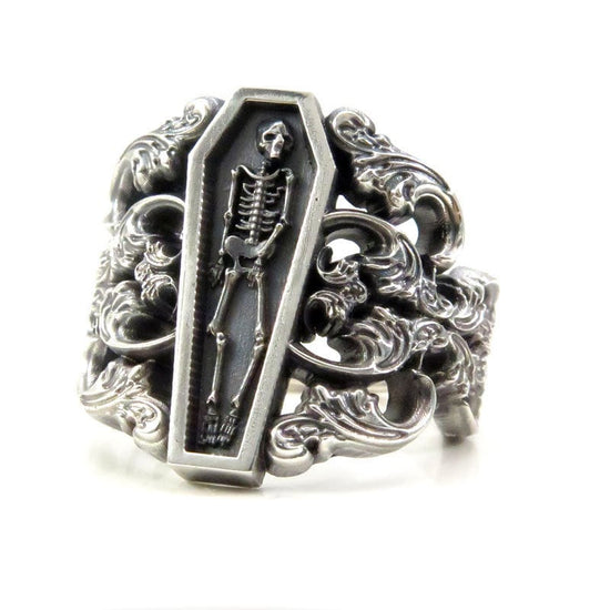 Load image into Gallery viewer, Memento Mori Ring with Baroque Silver Scrolls Skeleton Mourning Jewelry - Spooky Halloween Jewelry

