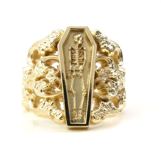 Memento Mori Ring with Baroque Gold Scrolls Skeleton Mourning Jewelry - Fine Gothic Jewelry