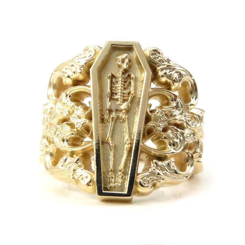 Ready to Ship Size 6 - 8 - Memento Mori Ring with Baroque Gold Scrolls Skeleton Mourning Jewelry - Fine Gothic Jewelry