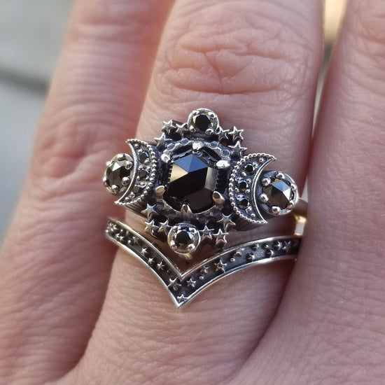 Load image into Gallery viewer, Ready to Ship Size 5 - 10 - Gothic Cosmos Moon Engagement Ring Set Silver Moon and Stardust Chevron Wedding Band
