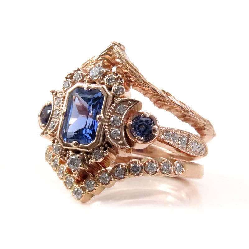Emerald Cut Chatham Sapphire Selene Crescent Moon Engagement Ring Set - Diamonds and Blue Chatham Sapphires - 14k Rose Gold