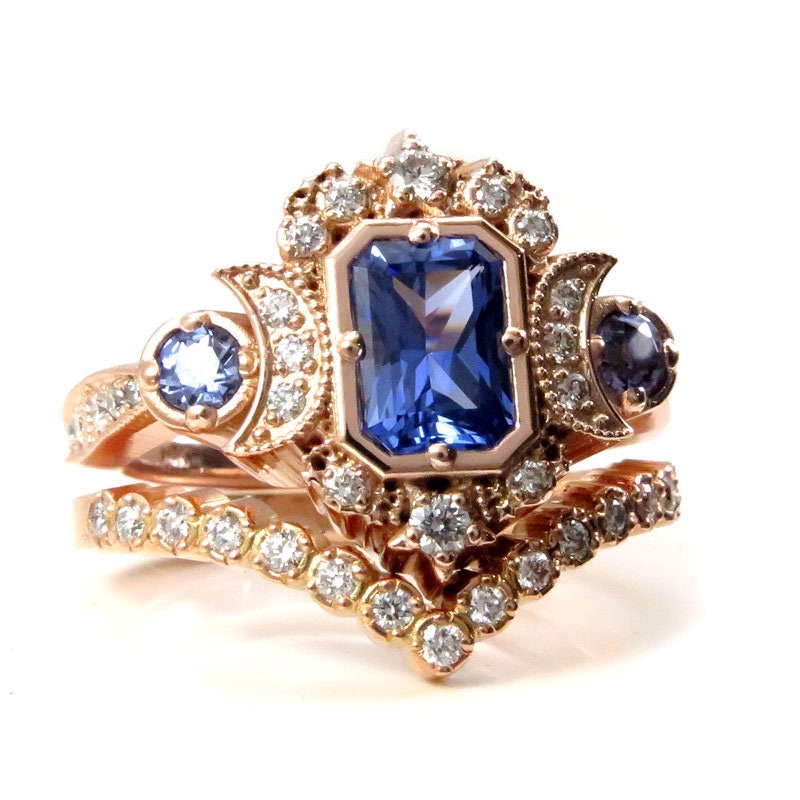 Load image into Gallery viewer, Chatham Sapphire Selene Celestial Engagement Ring Set - Diamonds and Emerald Cut Blue Chatham Sapphires - 14k Rose Gold
